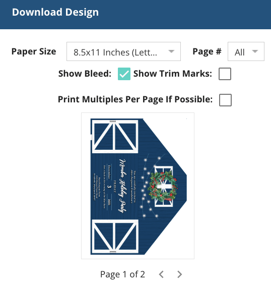 download window showing the bleed option turned on for an invitation