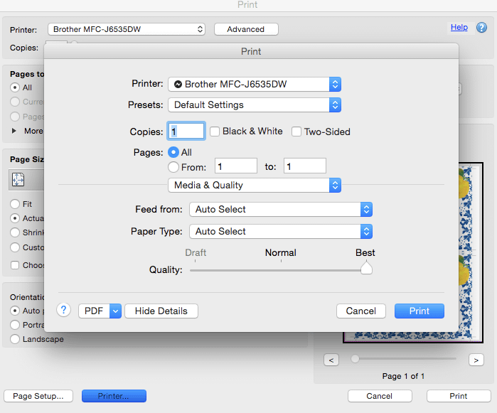 print window pop up choosing best quality for printing at home